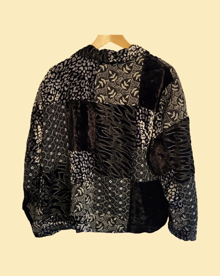Vintage Indian Mixed Media Jacket Open Black Boho Patchwork L - Image 3 of 4