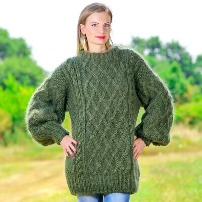 Green mohair sweater Aran pullover 
