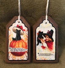 5 Handcrafted Wooden BLACK CAT Halloween Ornaments / Halloween Hang Tags SETb