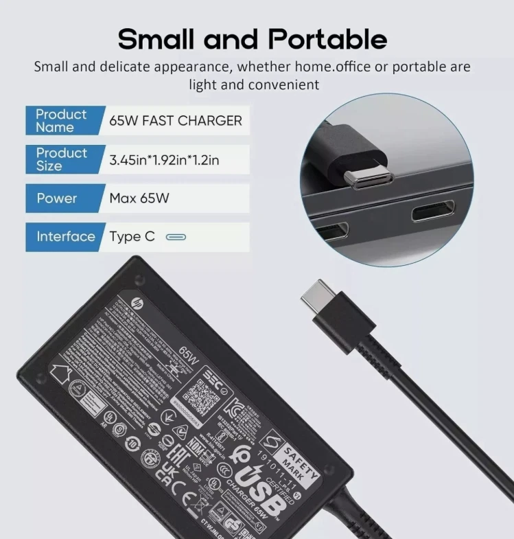 Cargador USB-C genuino 65W para HP ProBook 440 G10V 650 G8 440 G8 450 G10 455 G7 Foto 4 de 4