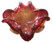 Vtg Mid Century Hand Blown Art Glass Heavy Sunburst Ashtray Dish 8.5” X 3.5”