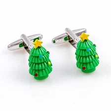 Christmas Tree Pair Cufflinks Wedding Dad Groom Fancy Gift Box & Polishing Cloth