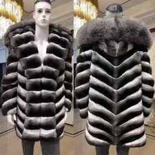 Fashion Men Real Chinchilla Color Rex Rabbit Fur Coat Hooded Fox Fur Trim Winter