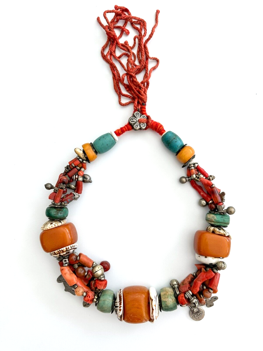Antique Moroccan Berber necklace chunky coral amber beads