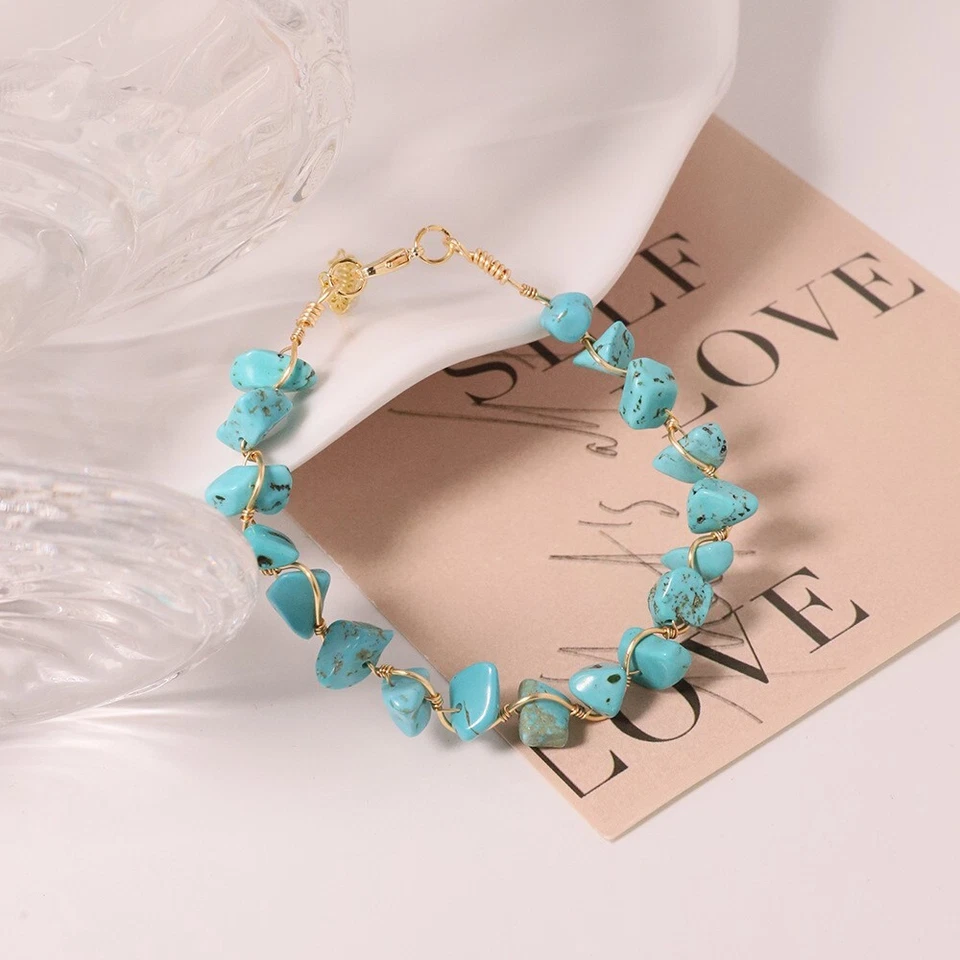 L17 vergoldetes Armband mit Draht umwickelte türkisfarbene Steine - Bild 3 von 4