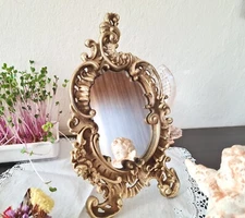 Antique French Vanity Table Mirror Brass Baroque Rococo Frame Small Ornate