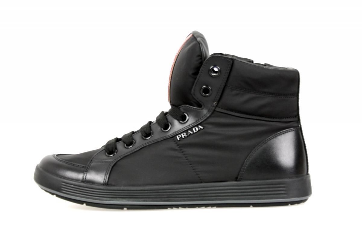 Prada Leather High-Top Sneaker 関税送料込 PRADA HIGH-TOP SNEAKERS SHOES BLACK LEATHER NYLON RED STRIPE