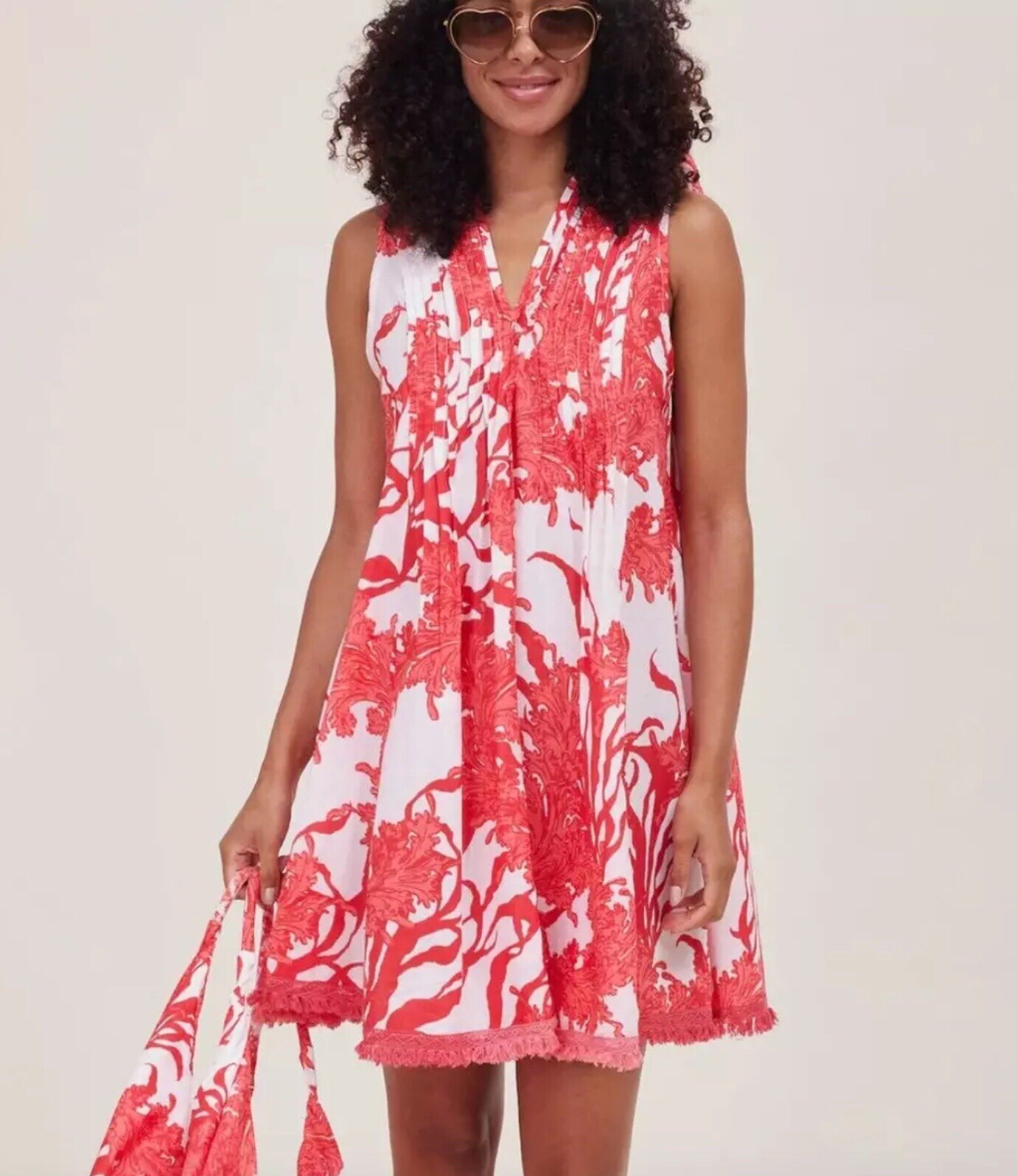 Modaposa Felice Pintuck V- Neck Sleeveless Red Coral Tunic Dress Size Large