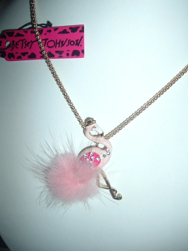 Betsey Johnson PINK Feather + Crystal Adorned FLAMINGO Gold Pendant NECKLACE NWT - Image 3 of 4