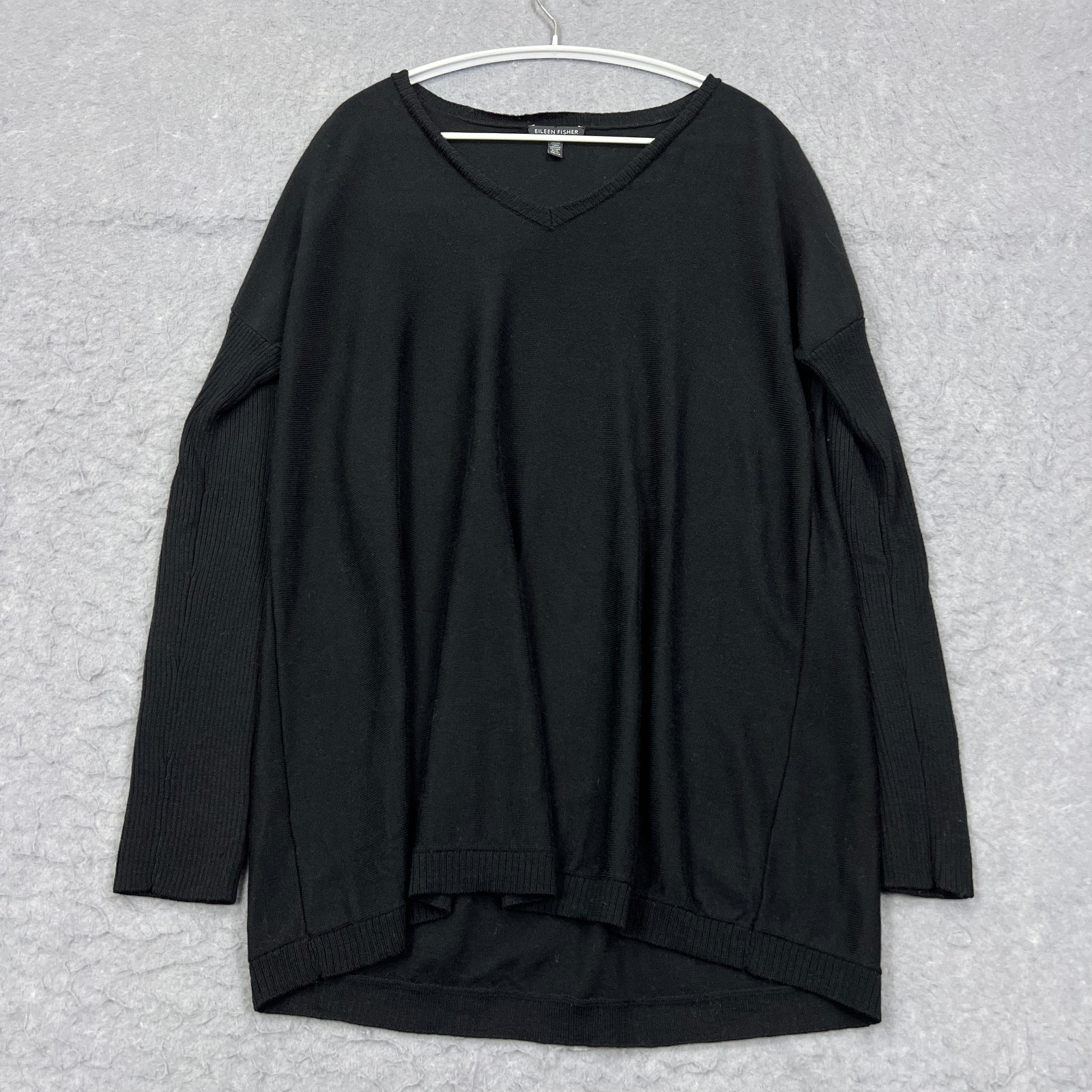 Eileen Fisher Top Women's XS Black Merino Wool Relaxed Drape Knit V-Neck Sweater