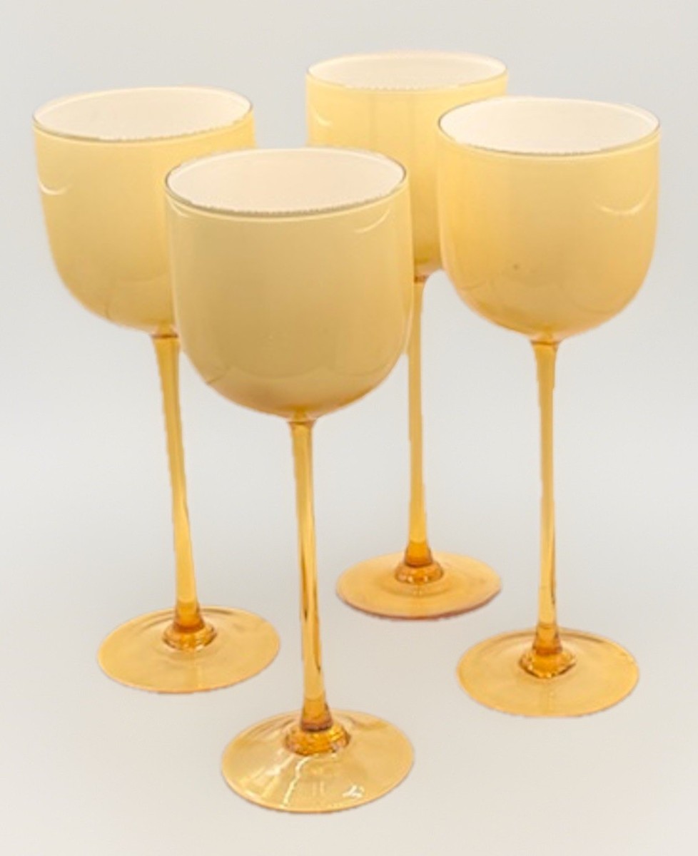 Vintage Carlo Moretti Murano Cased White Amber Long Stem Glasses(4