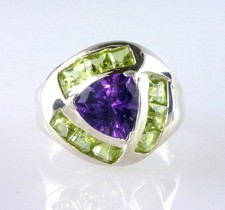 Natural Trillion Amethyst  Peridot Gemstone Ring .925 Sterling Silver 3.85 Cts