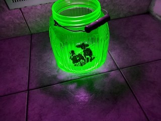 Vtg Green Uranium Vaseline Depression Glass Hoosier Ribbed Cookie Jar 1930's