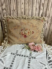 Vintage Victorian style needlepoint pillow tassel fringe floral design #3