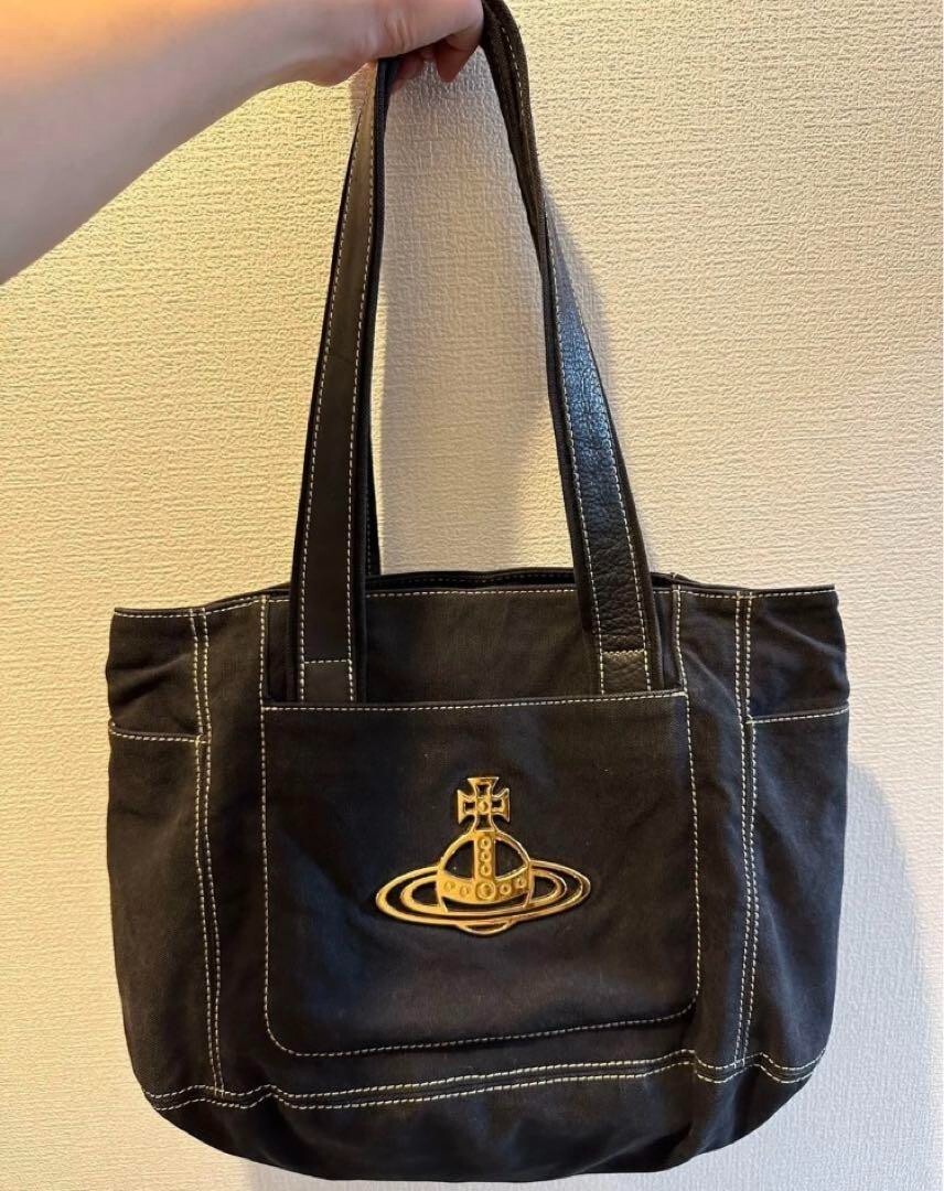Vivienne Westwood Tote Bag Orb Metal Fittings Canvas Black