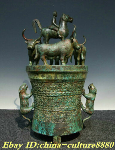17,7 pouces ancien produit chinois en bronze tigre 4 bovins homme chevauche cheval zun crock pot de réservoir - Photo 1 sur 9