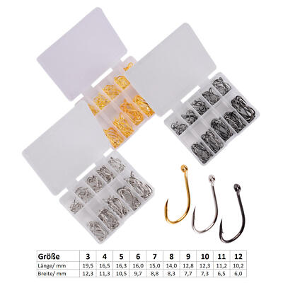 100 Carbon Angelhaken Set Öhrhaken Allroundhaken schwarz, silber, gold Box 3-12