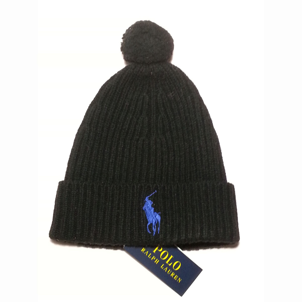 POLO Ralph Lauren Uomo Cappello Beanie Nero Grande Logo Pony Blu 50% Lana 50% Nile
