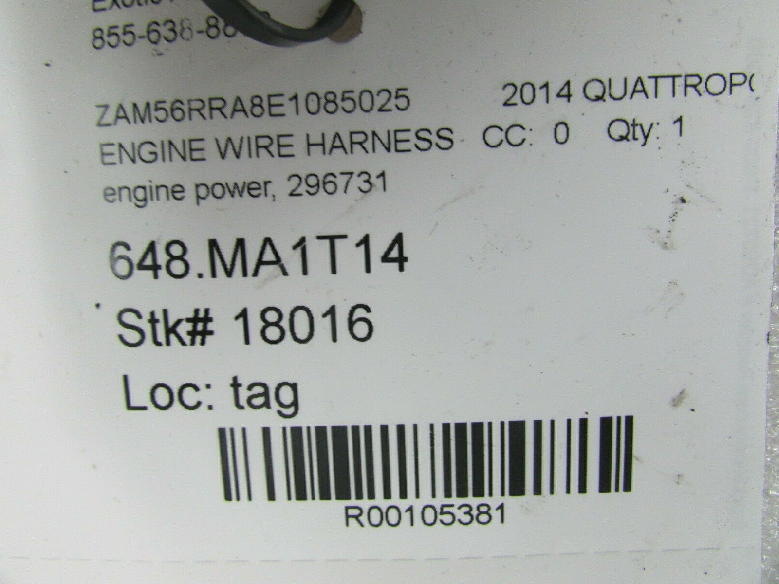 2014 Maserati Quattroporte, Engine Power Wire Harness, Used, P/N 296731