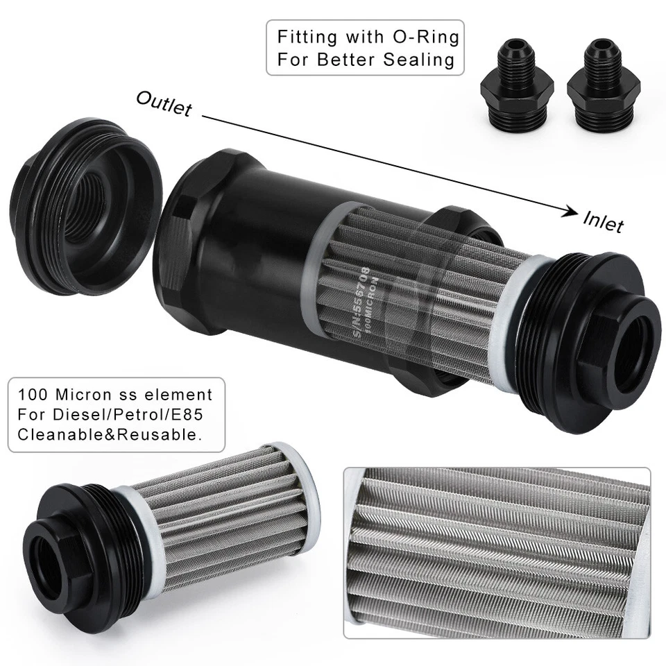 AN6 AN8 AN10 E85 Ethanol Inline Fuel Filter W/100 Micron Stainless Steel Element - Изображение 2 из 4