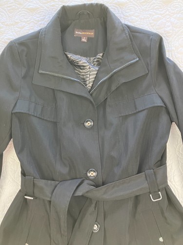 Dana Buchman Women’s Small Black Trench W/Animal Print Lining Coat Hidden Zipper - Picture 2 of 10