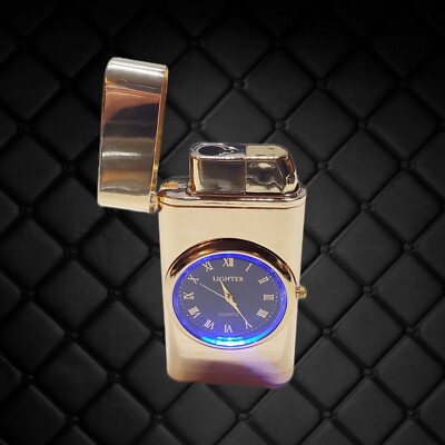 Cigarette Lighter Torch/Clock Quartz Light up Clock-Gold- LIGHT-NEW IN BOX! USA