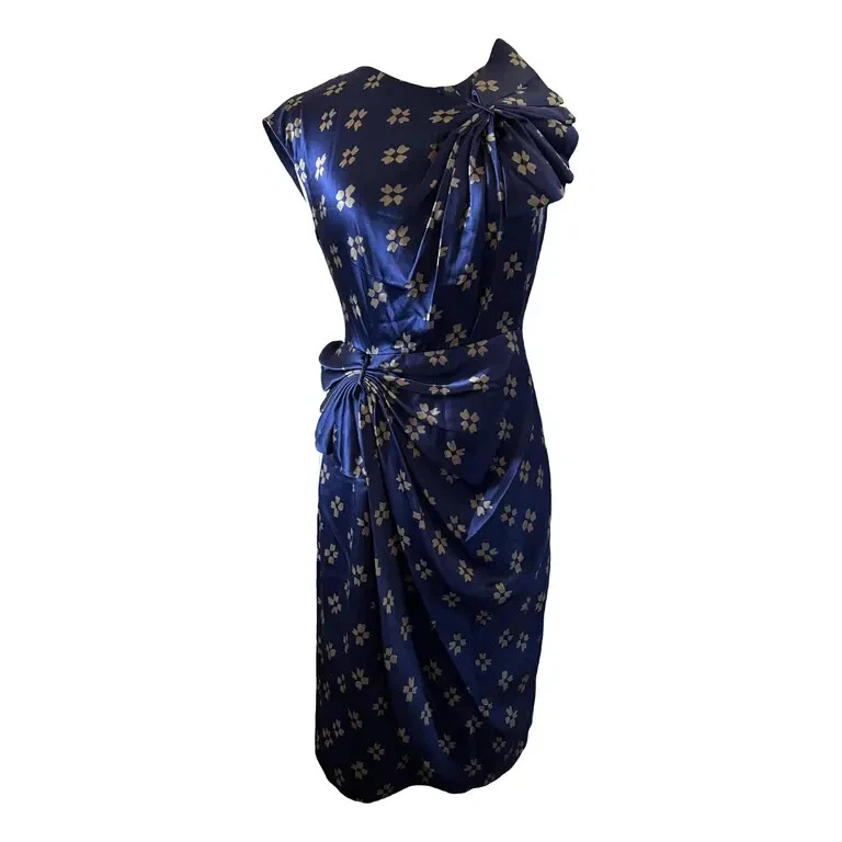 3.1 Phillip Lim платье взлетно-посадочной полосы темно-синий шелк атласный цветочный оболочка драпированный без рукавов 4 - Изображение 2 из 4