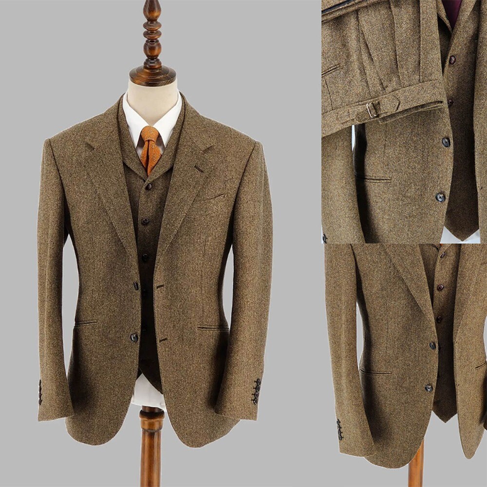 1/2/3Piece Brown Men's Suits Herringbone Tweed Suit for Fall