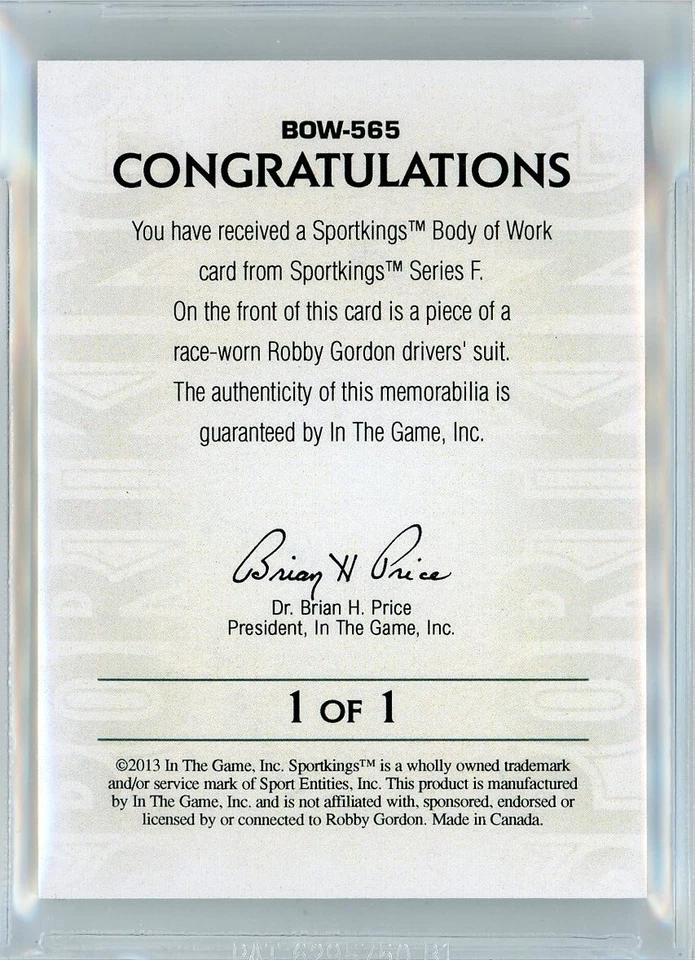 2013 SPORTKINGS BODY OF WORK - 1/1 ROBBY GORDON ON-CARD ART + RELIC! - BGS 9 - Image 2 of 2