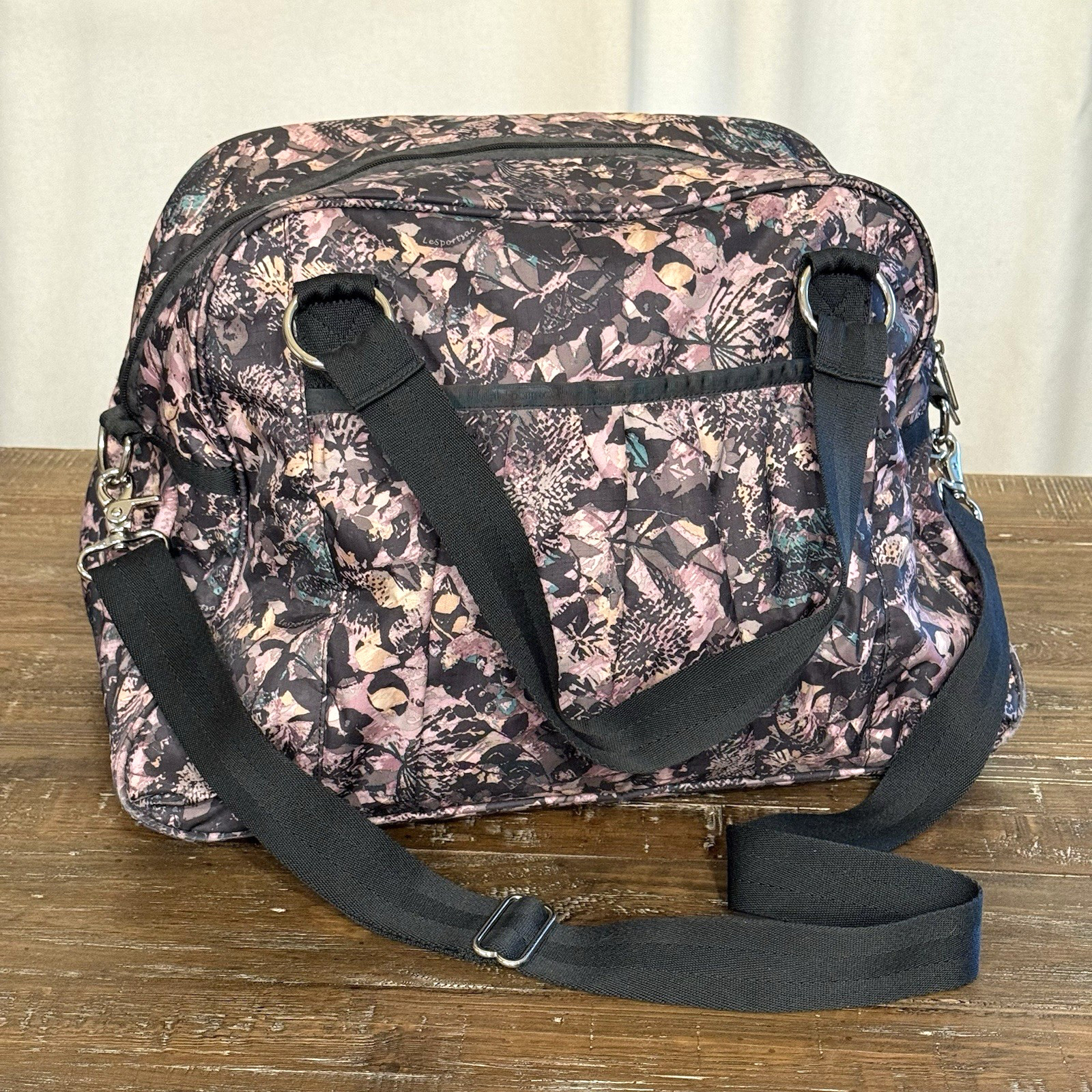 LeSportsac Duffle Bag Pink Black Floral Large Weekender Overnight Travel Tote