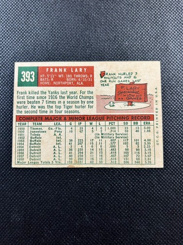 1959 Topps #393 Frank Lary Detroit Tigers High-end NM B59#393A1 - Picture 2 of 2