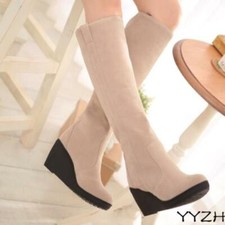 Women's Chic Winter Warm Snow Knee high Wedge Heel Fur Lined Pull On Boots Shoes