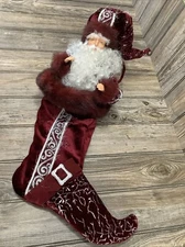 Vintage~Victorian Santa Extra Large Stocking Wall Hanging Velvet 29” Red /Silver