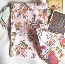 Tarot/Oracle Card Drawstring Bag Handmade Pink Floral w/Beads PLUS Crystal Pouch