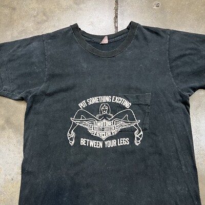 Vintage 70s Harley Davidson T Shirt Black Large Exciting Between