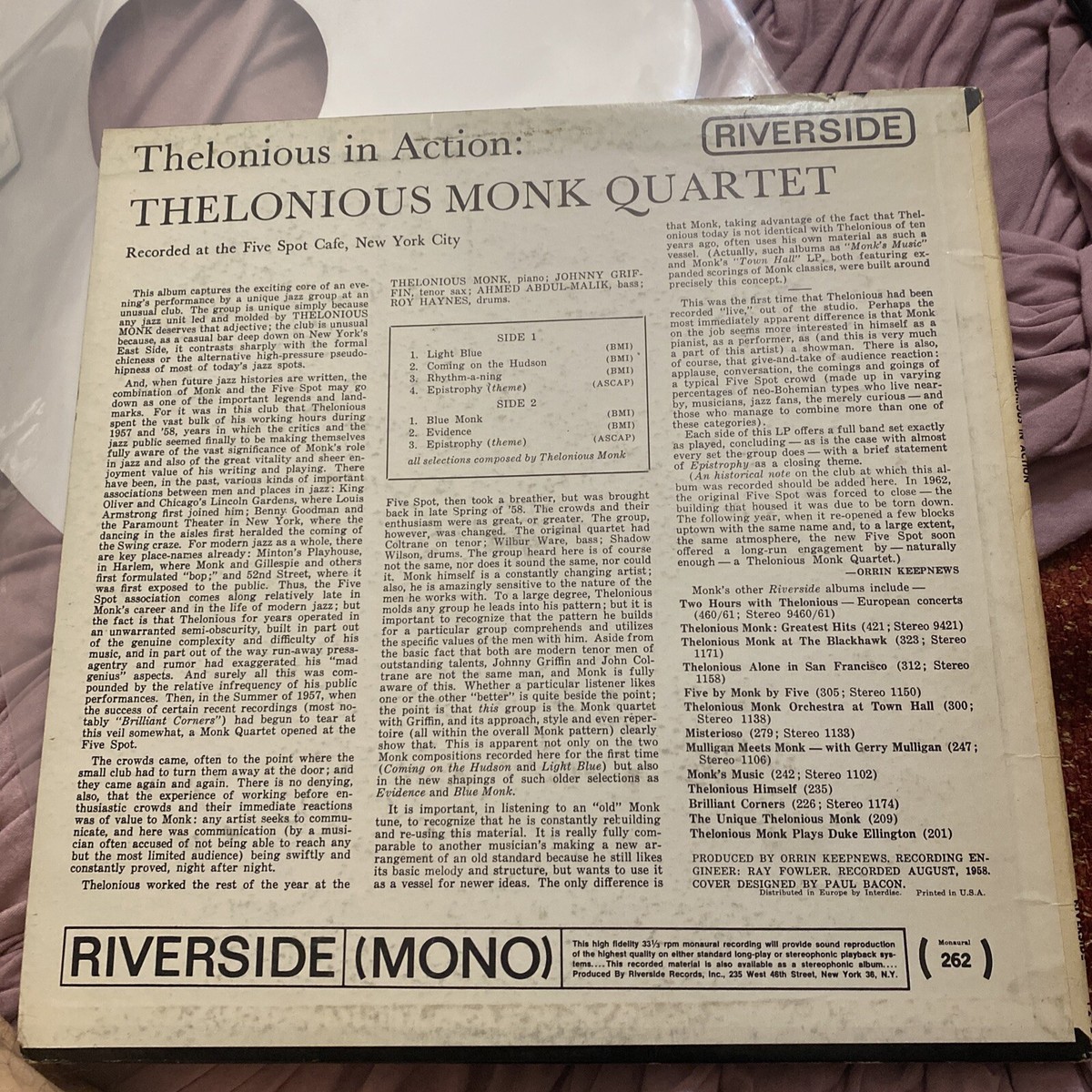 THELONIOUS MONK QUARTET WITH JOHNNY GRIFFIN- THELONIOUS IN ACTION