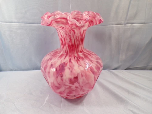 Large Fenton Vasa Murrhina Glass Pink Rose Mist Vase 8 1/2" Tall INV2