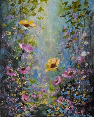 Blumenfeld Original Acryl Gemälde auf Karton Leinwand weiß kleine Staffelei