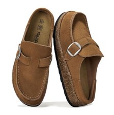 Genuine Leather Women Moccasin Clogs Non-Slip Memory Foam Chestnut Flat Slip-On
