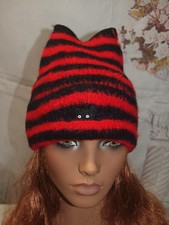 Cat Ear Beanie Hat Cute Cat Knitted Hat Knit Black Red Cuff Peeking Cat