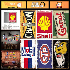 Set of 6 Vintage Metal Tin Signs - Retro Garage Oil Station Wall Decor 8x12