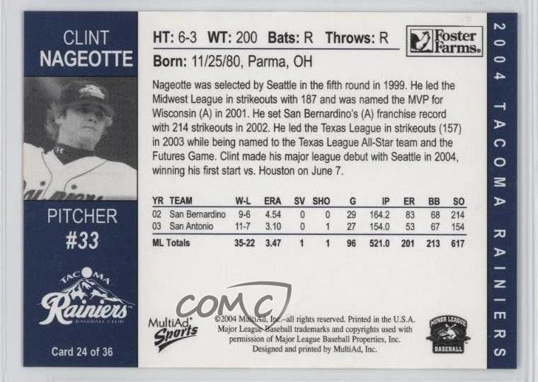 2004 MultiAd Sports Tacoma Rainiers Clint Nageotte #24 - Image 2 of 2