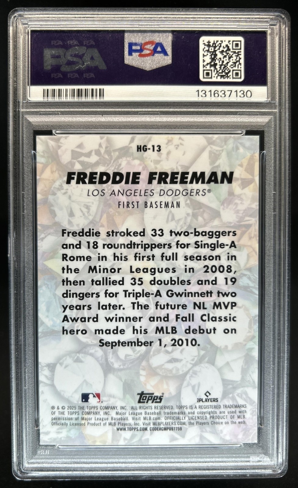 2025 Topps Chrome Freddie Freeman Hidden Gems Alexandrite Refractor #3/5 PSA 10 view 2