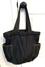Thirty One Retro Metro Denim Tote Bag Double Handle Outside Pockets Open Top