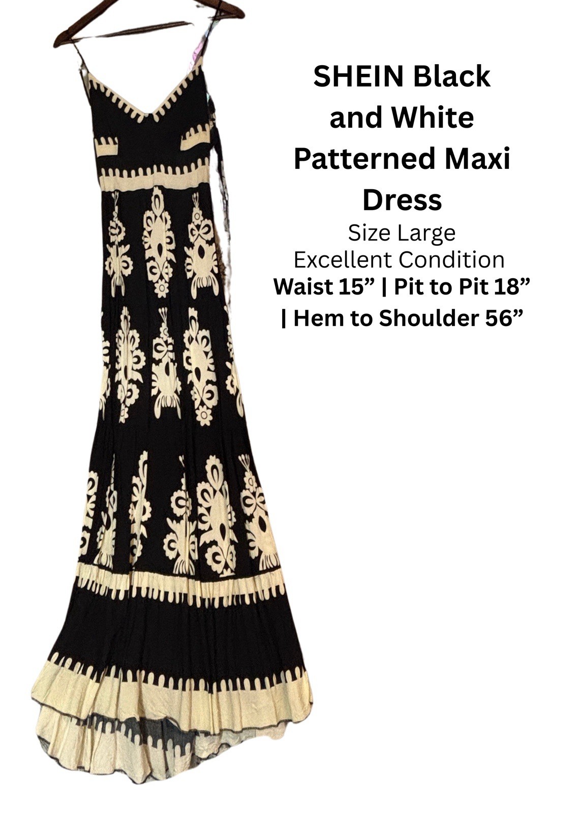 SHEIN Black White Boho Printed Maxi Dress Large Spaghetti Strap Ruffle Hem