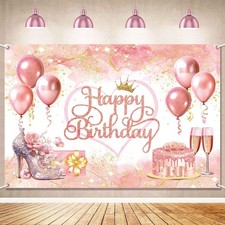 LDWLYW Rose Gold Happy Birthday Backdrop Banner Pink Rose Gold Birthday Decorati