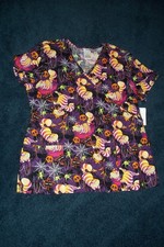 Disney Women Scrub Top - XL/XG Purple Graphic Cheshire Cat Halloween NEW