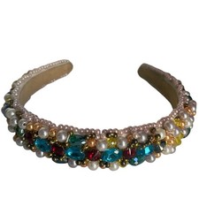 Handmade Beaded Pearl Headband Colorful Crystal Diadema Bridal, Party NWT