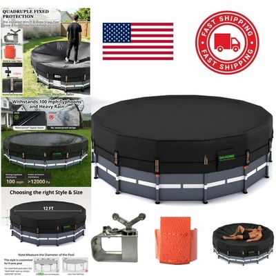 Tear Resistant 12ft Round Pool Cover Black with Tightening Winch and Drawstrings