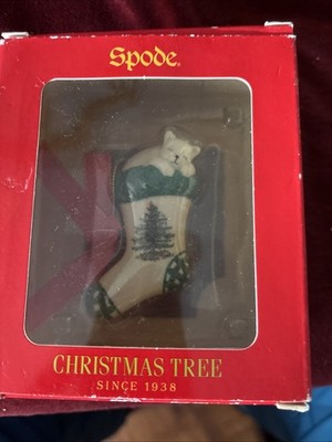 New SPODE Christmas Tree Ornament Cat Kitten In A Stocking Ceramic In Box Detail